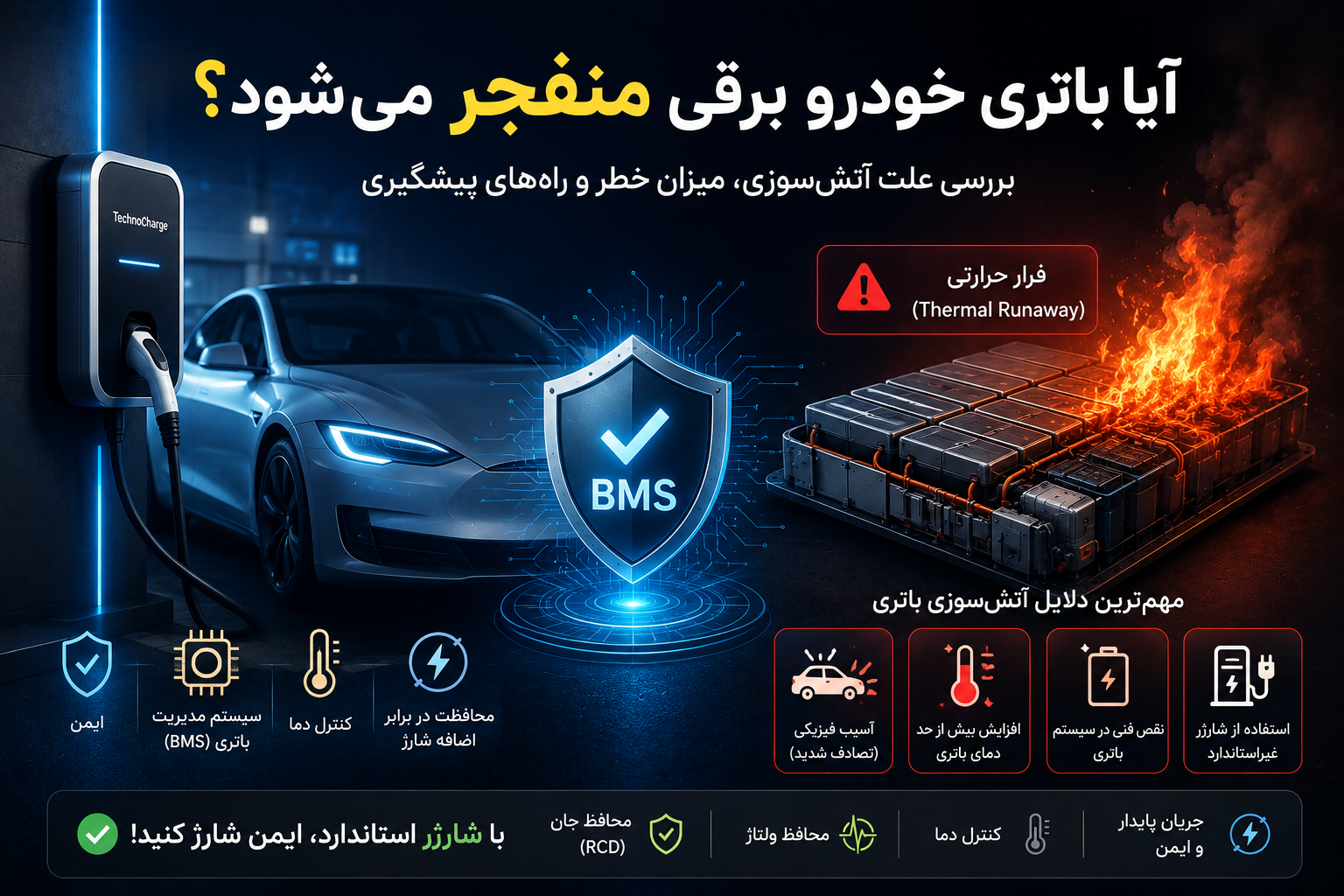 آیا باتری خودرو برقی منفجر می‌شود؟ بررسی علت آتش‌سوزی، میزان خطر و راه‌های پیشگیری