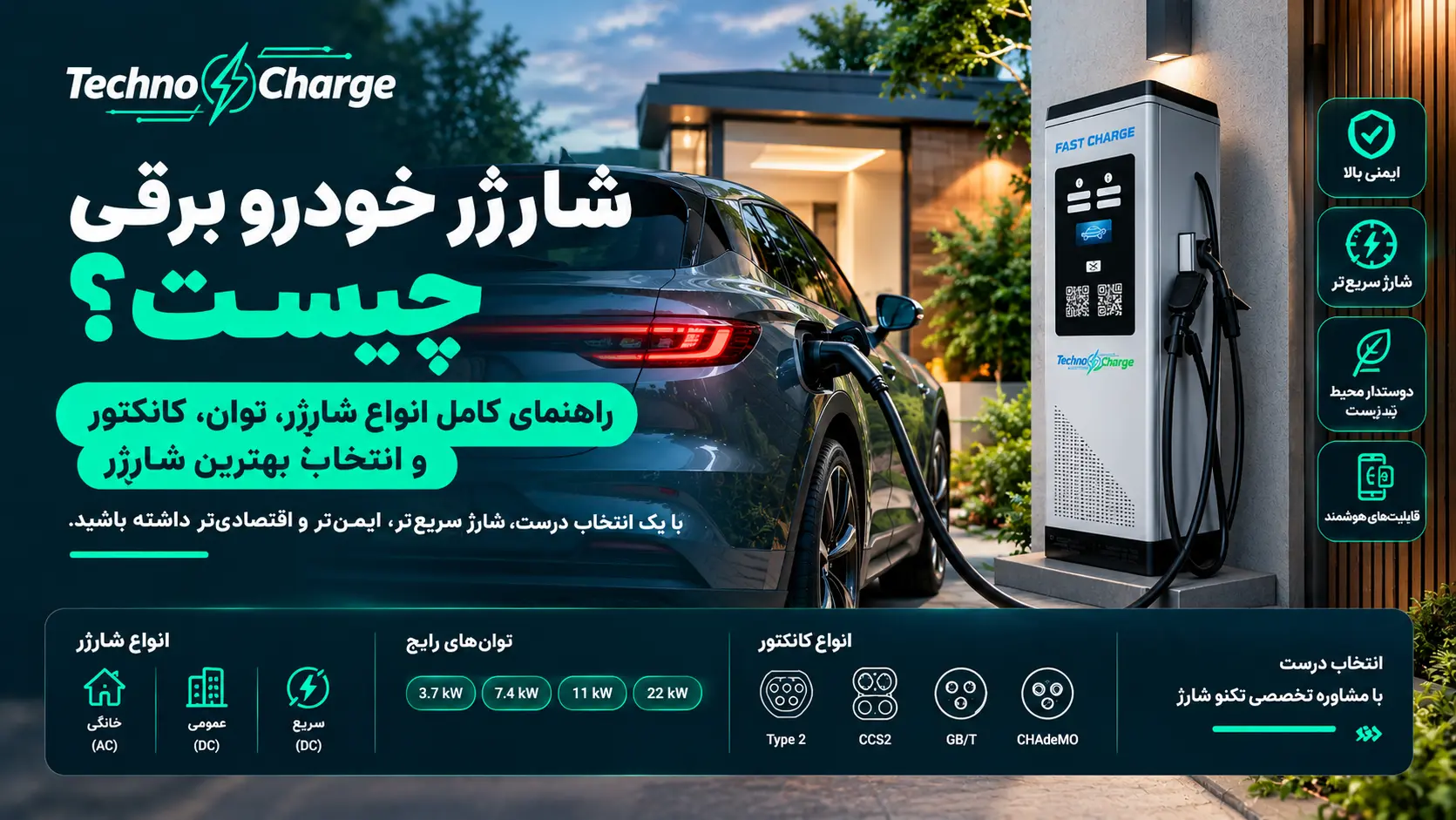 شارژر خودرو برقی چیست؟ راهنمای کامل انواع، توان، کانکتور و انتخاب شارژر