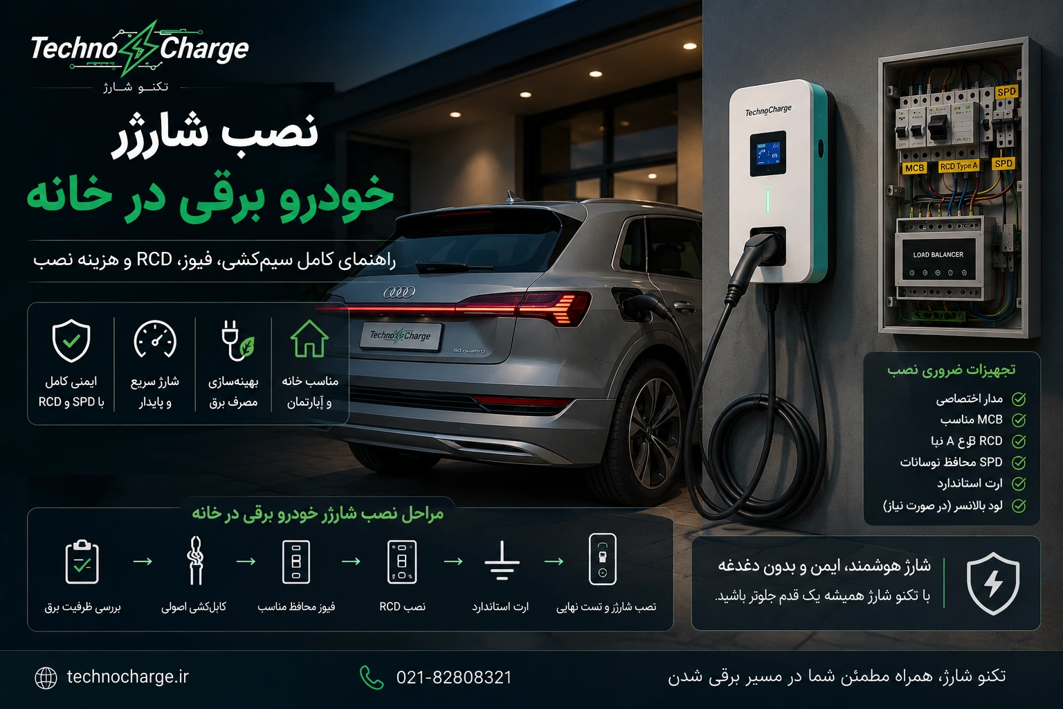نصب شارژر خودرو برقی در خانه چگونه است؟ راهنمای کامل سیمکشی، فیوز، RCD و هزینه نصب